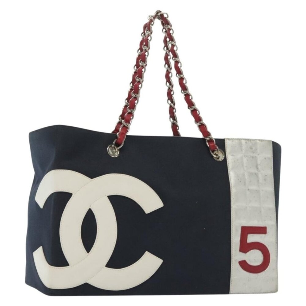 CHANEL Choco Bar Line Chain Tote Bag Canvas Navy Silver CC Auth - Picture 2 of 16